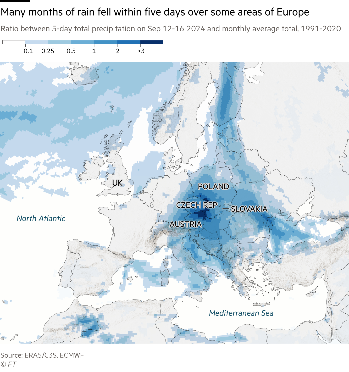 Map of Europe showing ratio between 5-day total precipitation on Sep 12-16 2024 and monthly average total, 1991-2020